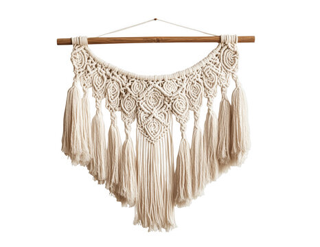 Handcrafted macrame wall hanging with a bohemian style featuring intricate knotted details and tassels transparent background