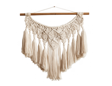 Handcrafted macrame wall hanging with a bohemian style featuring intricate knotted details and tassels transparent background
