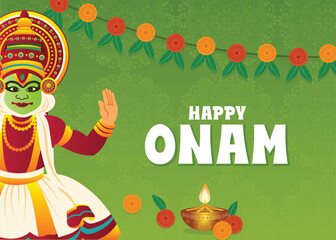Happy Onam festival background showcasing South India's Kerala tradition with a vibrant Kathakali dancer, floral decorations, and candlelight. Colorful festive vector illustration.
