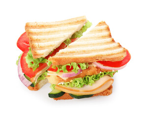 Yummy sandwiches with ham, cheese and vegetables isolated on white