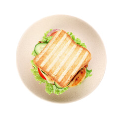 Yummy sandwich with chicken breast and vegetables isolated on white, top view