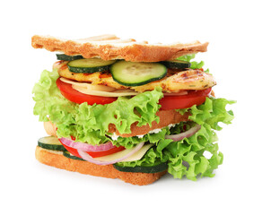 Yummy sandwich with chicken breast, cheese and vegetables isolated on white