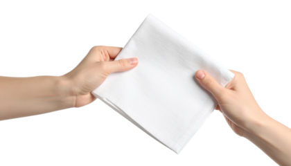 Closeup, two hands holding a pristine white napkin study in texture and simplicity