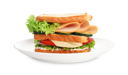 Yummy sandwich with ham, cheese and vegetables isolated on white