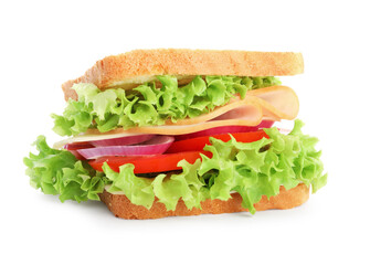 Yummy sandwich with ham and vegetables isolated on white