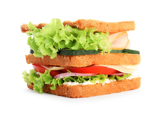 Yummy sandwich with ham, cheese and vegetables isolated on white