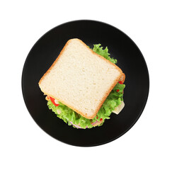 Yummy sandwich with vegetables isolated on white, top view