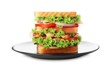 Yummy sandwich with ham, chicken meat and vegetables isolated on white