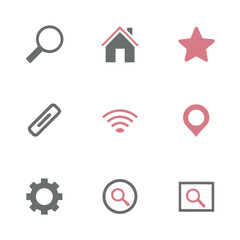 Collection of nine simple icons including magnifying glass house star paperclip wifi location gear and search