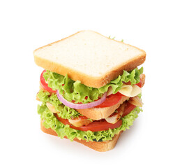Yummy sandwich with chicken meat and vegetables isolated on white