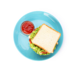 Yummy sandwich with sauce isolated on white, top view