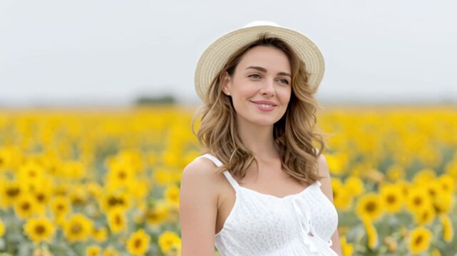 A woman in a white dress and hat standing in a field of sunflowers and smiling. Her pose radiates contentment and serenity, as she enjoys the sunny day in a flower field