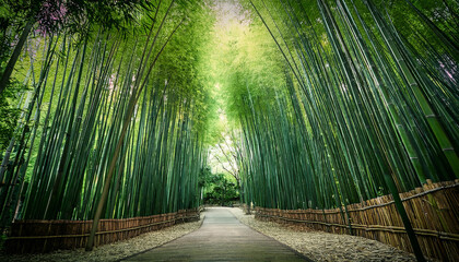a tranquil bamboo forest pathway lined with dense bamboo trees