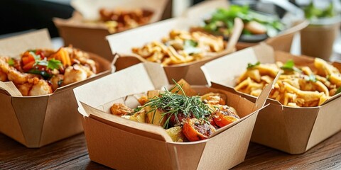 Enjoy organic takeout food served in convenient paper containers at home. Eco-friendly packaging concept