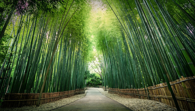 a tranquil bamboo forest pathway lined with dense bamboo trees