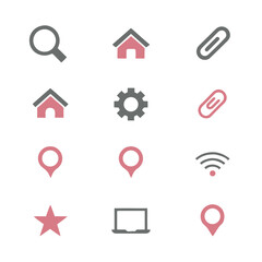Collection of simple icons including search house gear paperclip location star wifi and laptop