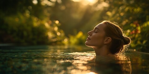 Woman relaxing in water at sunset: wellness retreat, spa vacation, mindfulness and tranquility
