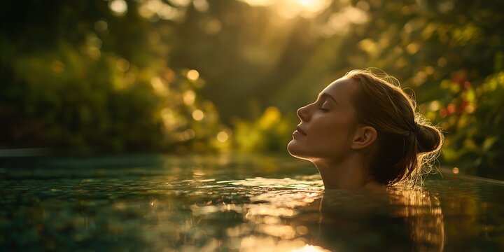 Woman relaxing in water at sunset: wellness retreat, spa vacation, mindfulness and tranquility
