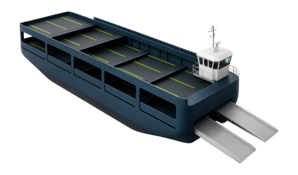Ro-Ro barge with retractable ramps and vehicle storage decks