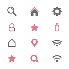 Collection of twelve simple flat icons in grey and pink on white background vector