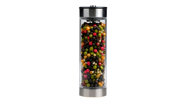 A Transparent Cylinder Shaped Glass Peppercorn Grinder Filled with a Colorful Mix of Black Green Red and Yellow Peppercorns on a Transparent