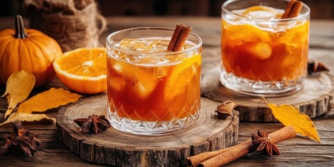 Pumpkin spice cocktails on rustic table