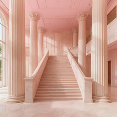 Fototapeta premium The architectural interior is pink with columns and ascending stairs.