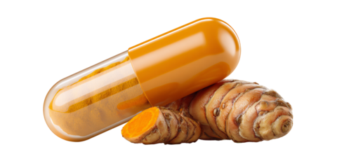 Turmeric capsule with root and slice, showcasing antiinflammatory properties and health benefits of curcumin supplement Concept of alternative medicine, wellness, and healthy lifestyle