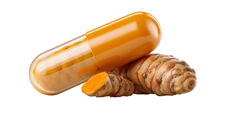 Turmeric capsule with root and slice, showcasing antiinflammatory properties and health benefits of curcumin supplement Concept of alternative medicine, wellness, and healthy lifestyle