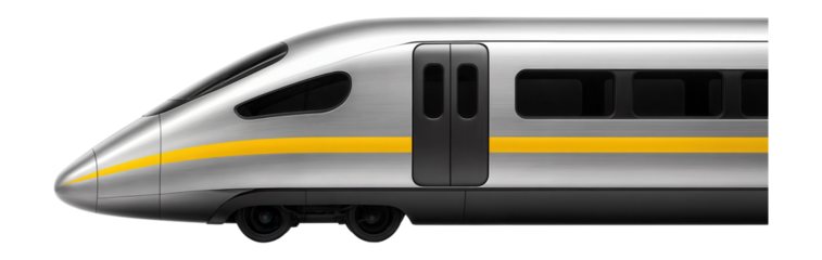 Aerodynamic express train car adorned with bold yellow stripes and wide entry doors