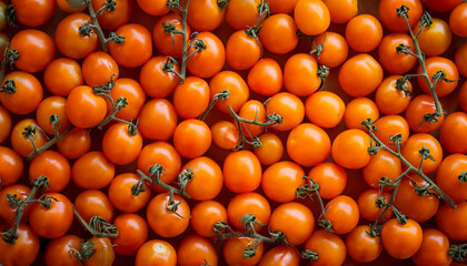 close up view of many small bright orange round cherry tomatoes densely packed together