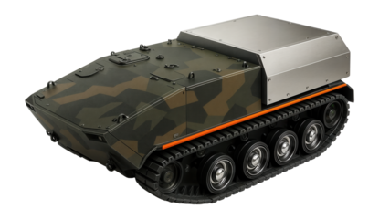Tracked armored transporter with rear troop compartment and camouflage paint scheme