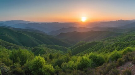 Obraz premium A breathtaking panoramic view of a stunning sunset over lush green forest and rolling hills,