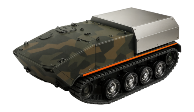 Tracked armored transporter with rear troop compartment and camouflage paint scheme