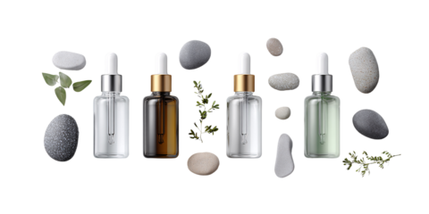 Elegant serum bottles with dropper, surrounded by smooth stones and green leaves on black background Concept of natural skincare, beauty, and wellness