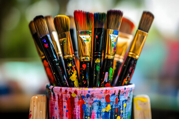 Fototapeta premium Close-up of various paintbrushes in a colorful container.
