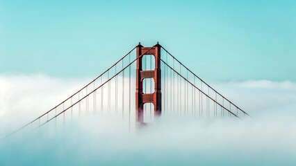 Red suspension bridge emerging above clouds with blue sky background
