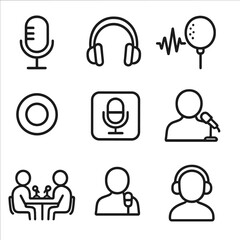 Podcast Icon Set. Line style icons of podcast creation: podcast mic, headphones, audio waveform, pop filter, record button,