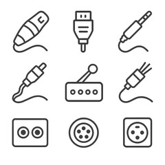 Fototapeta premium Media Cables Icons. Line style icons of media cables and connectors: XLR cable, HDMI plug, audio jack, coaxial cable, USB-C