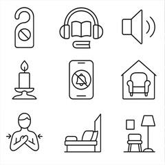Quiet Time Icons. Line style icons of quiet time icons: do not disturb sign, headphones with book, no noise icon, candle