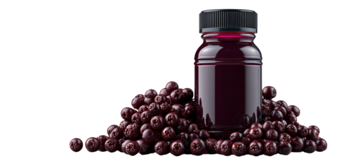 Elderberry syrup bottle with fresh elderberries on black background Concept of natural medicine, herbal remedy, and immune system support