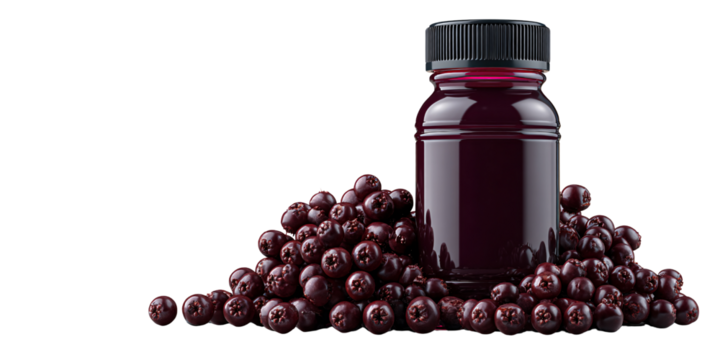 Elderberry syrup bottle with fresh elderberries on black background Concept of natural medicine, herbal remedy, and immune system support