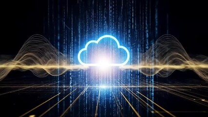 A glowing cloud icon represents modern digital data storage and global network connectivity in a futuristic technological landscape. - Powered by Adobe