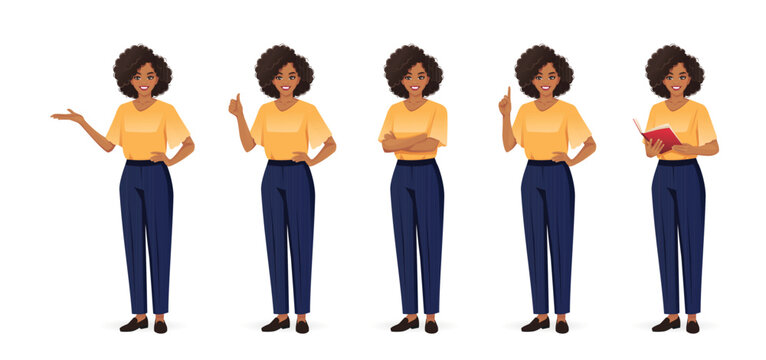 Business African American woman with afro hairstyle standing in half-turn pose with various gestures. Isolated vector illustrations set.