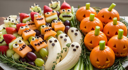 Obraz premium Healthy Halloween Fruit Platter with Cute Ghost Bananas and Monster Berries