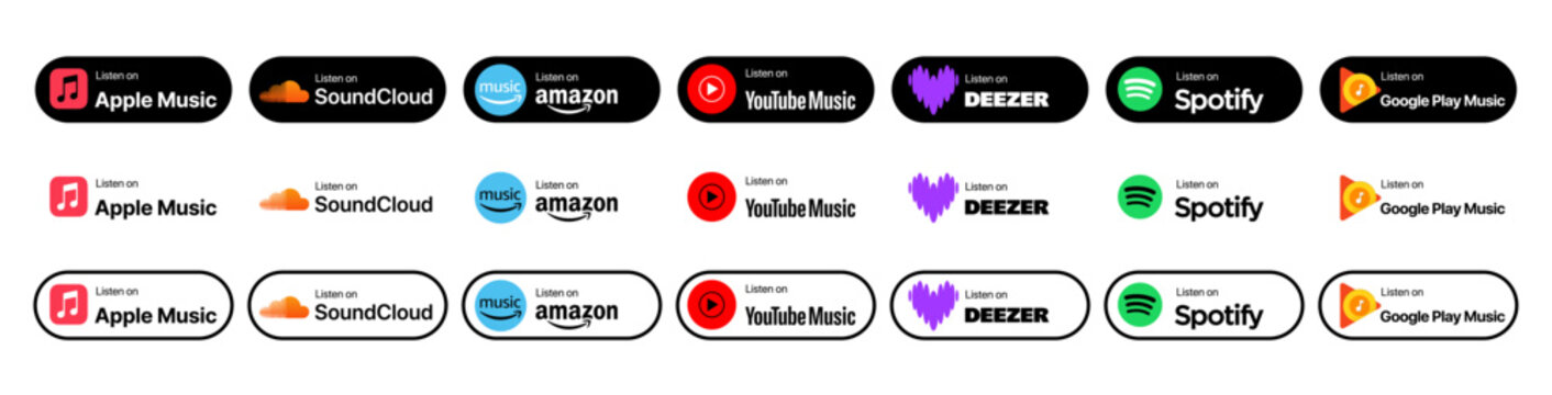 Popular Music streaming services listen on badges set. Apple Music, Spotify, Youtube Music, Amazon music, deezer and Soundcloud. Simple, vector. icon for website design, and mobile app.