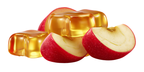 Delicious red apple slices with golden caramel candies, a sweet treat for autumn and fall holidays Concept of indulgence, dessert, and confectionery