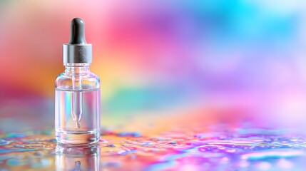 Clear glass dropper bottle with iridescent background.