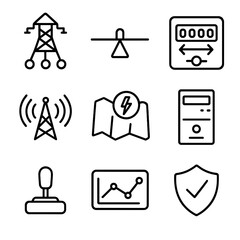 Smart Grid Icons. Outline style icons of Smart Grid Management: distribution node, load balancer icon, bidirectional meter, demand