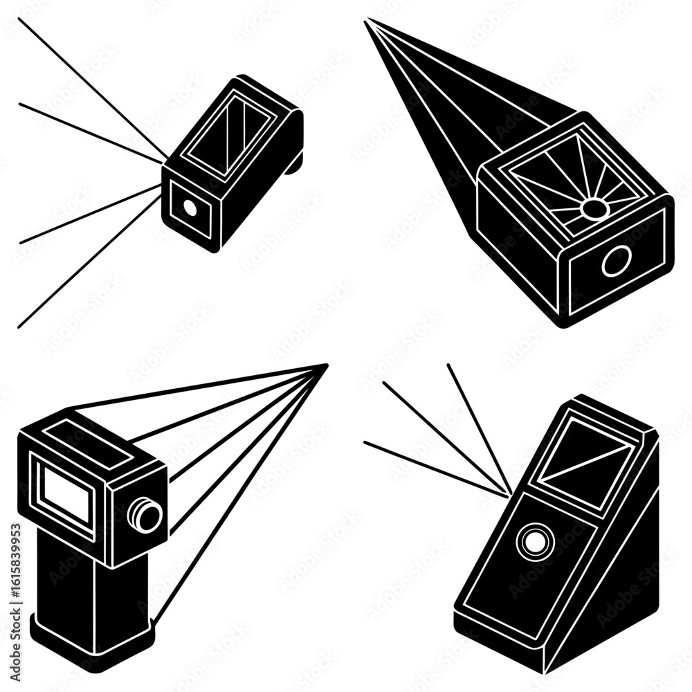 Poster isometric view of four black and white devices with lines extending from them in different direction